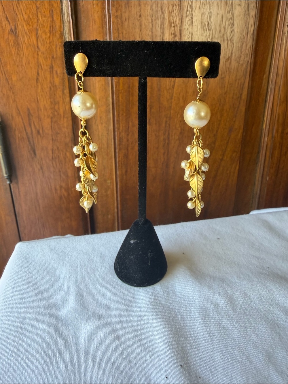 Cracco Brazilian Gold Tone Faux Pearl Leaf Dangle Earrings Statement